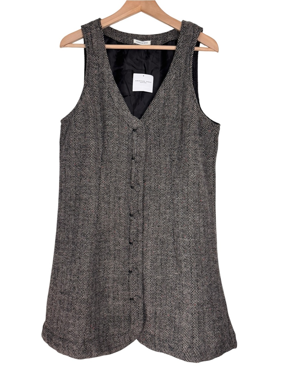 American Eagle Button Front Pinafore Mini Dress Large NWT Gray Herringbone Tweed